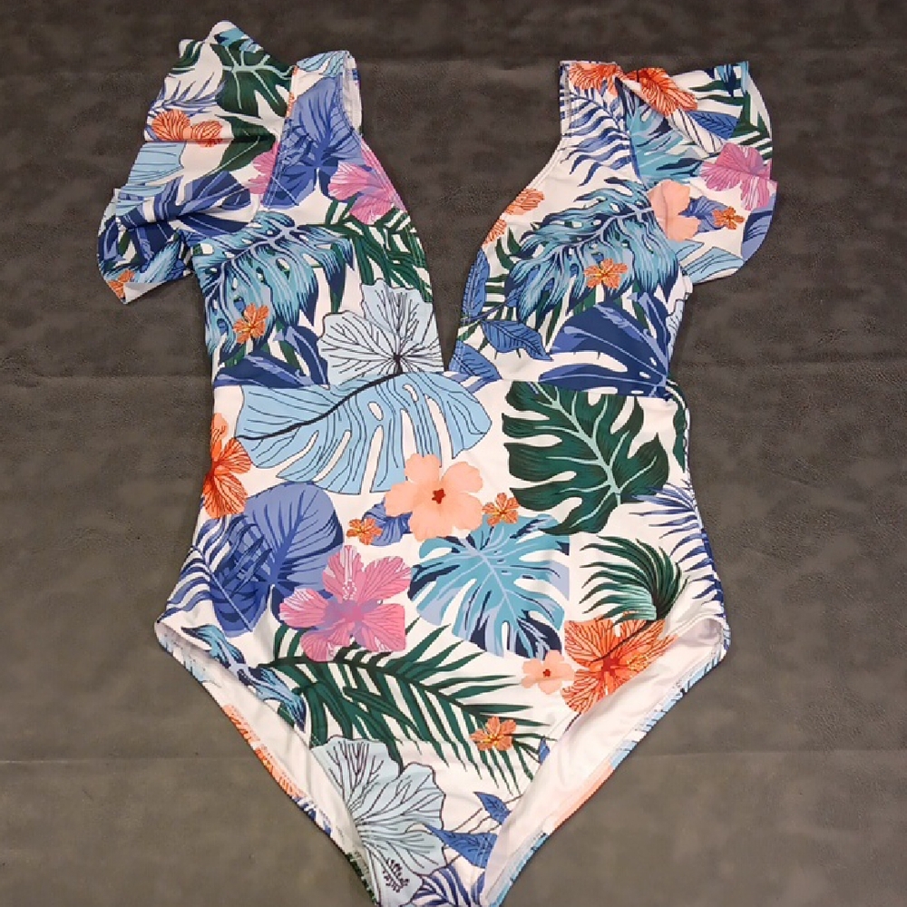 NWT. Binlowis V Neck Ruffle Floral Paradise One-Piece Swimsuit